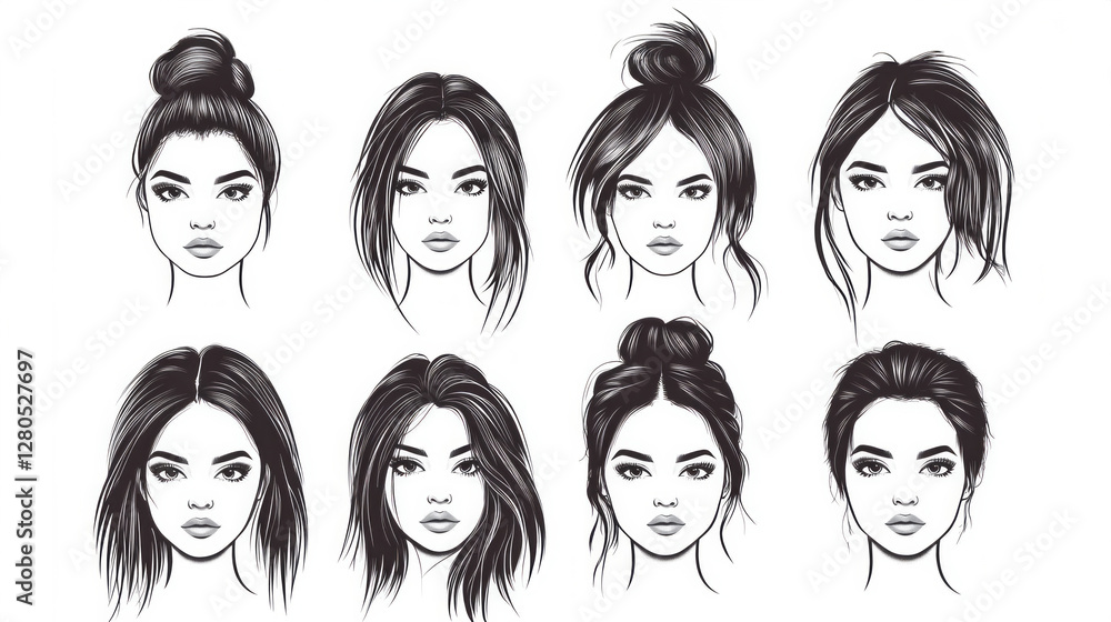 Diverse hairstyles and face shapes represented in vector art showcasing unique beauty and style variations Diverse hairstyles and face shapes represented in vector art showcasing unique beauty and style variations