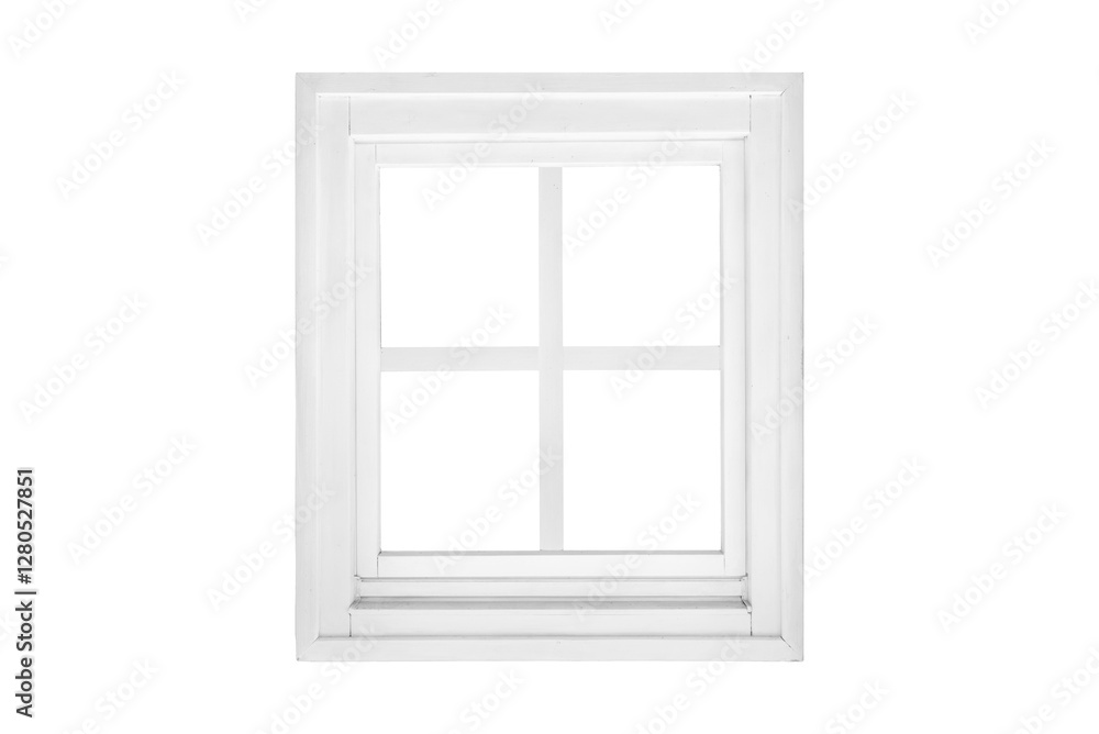 Modern single wing transparent white square window divided into four sections, isolated inside and outside, designed as a clean graphical element. Modern single wing transparent white square window divided into four sections, isolated inside and outside, designed as a clean graphical element.