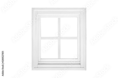 Modern single wing transparent white square window divided into four sections, isolated inside and outside, designed as a clean graphical element. photo