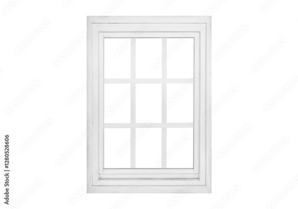 Modern vertical single wing white window with two vertical and two horizontal interior bars, transparent for architectural and graphic use. Modern vertical single wing white window with two vertical and two horizontal interior bars, transparent for architectural and graphic use.