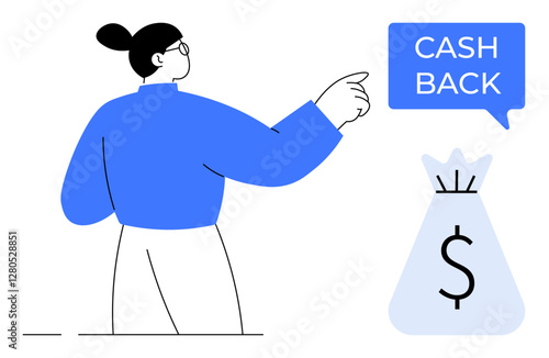 Person pointing towards a blue speech bubble with Cash Back above a money bag with a dollar sign. Ideal for financial rewards, cashback programs, savings, customer incentives, budgeting, online