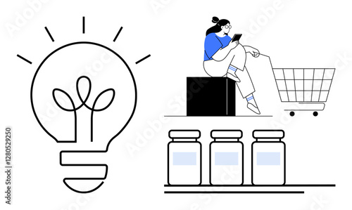 Light bulb representing creativity, person reading on a box near shopping cart, jars on a shelf. Ideal for retail, productivity, innovation, minimalism, organization, e-commerce lifestyle topics