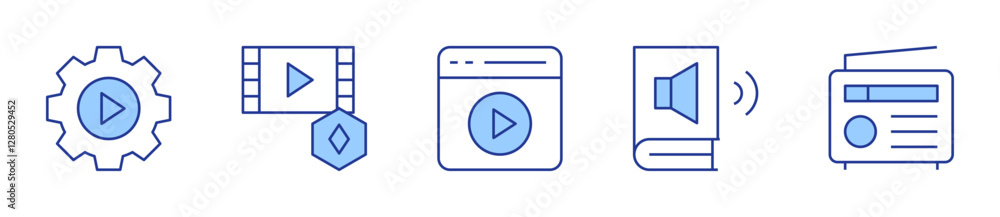 settings, video, play, audio book, radio. Multimedia Icon vector illustration. Line Duotone style. Editable stroke settings, video, play, audio book, radio. Multimedia Icon vector illustration. Line Duotone style. Editable stroke