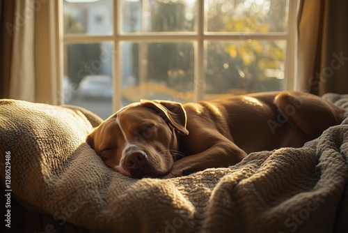 Dog Lounging Comfortably in a Sunlit Room Surrounded by Houseplants During a ...