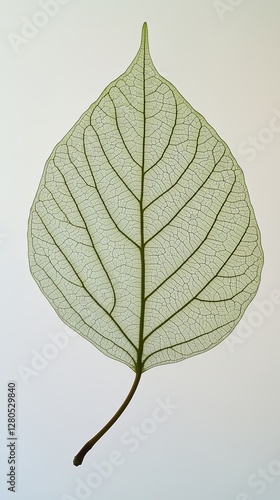 Delicate Green Leaf Showcasing Intricate Vein Patterns Against a Light Backgr...