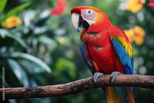 Colorful Parrot Perched on Branch Surrounded by Vibrant Tropical Foliage in a...