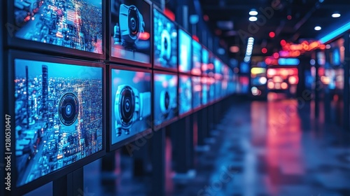 Colorful screens displaying cityscapes and surveillance cameras in a modern hallway.