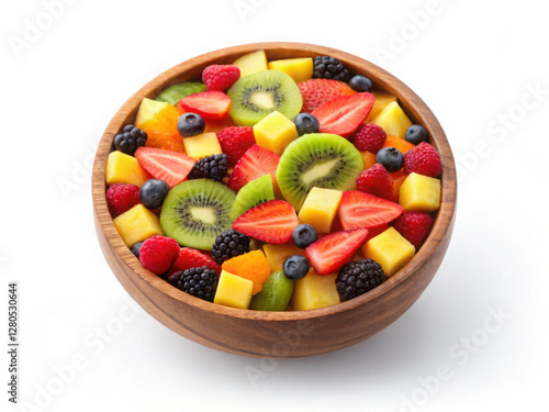 Fresh Fruit Salad in Wooden Bowl - A fruit salad on a transparent white background