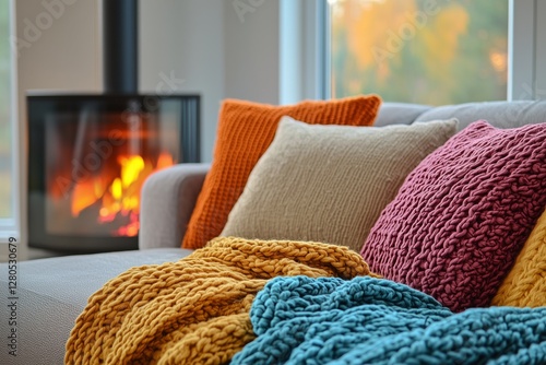Cozy Living Room With Warm Blankets and Fireplace in a Winter Setting