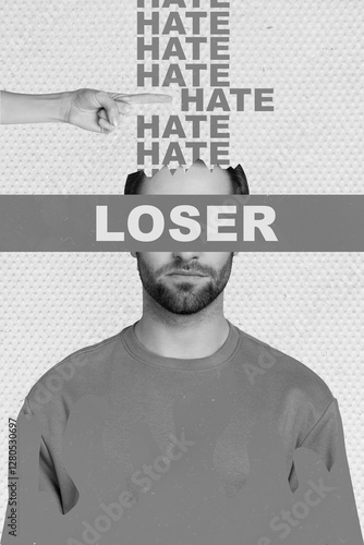 Photography Banner template collage of depressed guy painted in red huge spot marking social