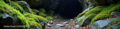Moss-covered stones lead to hidden cave entrance, rocky, landscapes, geology