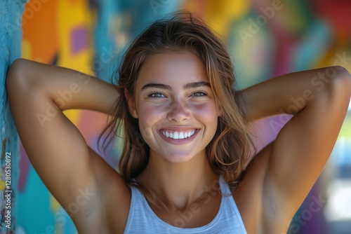 Smiling Young Woman Poses Confidently Against Vibrant Graffiti Backdrop in Su...
