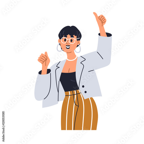 Happy woman showing thumbs up gesture. Joyful excited young girl smiling, thumbup sign with hands with joy emotion, supporting expression. Flat vector illustration isolated on white background