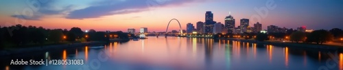 St Louis skyline, blurred river, depth of field, travel, blurred background