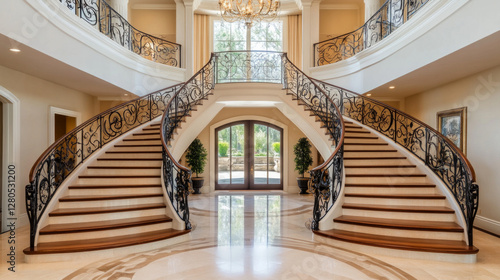 Elegant modern staircase design enhancing the interior of a luxurious home foyer