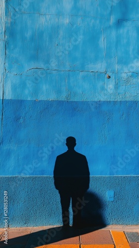 Shadow of a Person Against a Vibrant Blue Wall in an Urban Setting During Day...