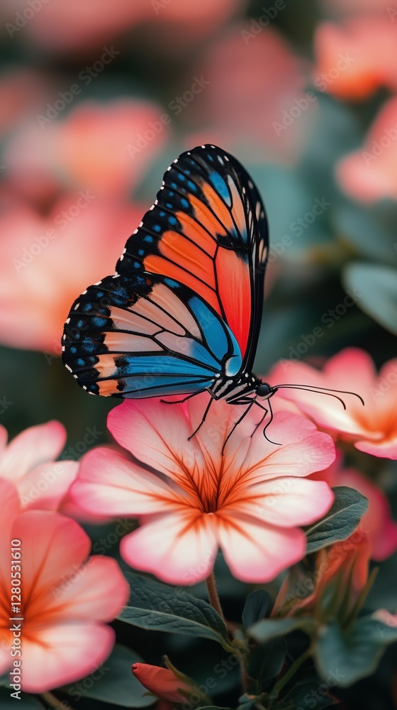 Naklejka premium Butterfly Perched on Pink Flowers in a Vibrant Garden During Sunny Daylight