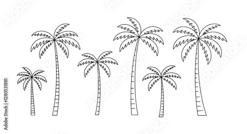 Tropical Paradise: An artistic depiction of palm trees in various sizes stands tall and proud, evoking the essence of a serene tropical paradise.||palm trees, tropical, trees, paradise, illustration.