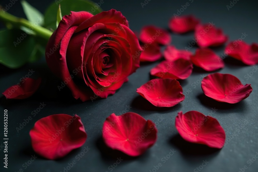 Deep red rose petals scattered on dark sleek surface, black roses, bouquet, sophistication Deep red rose petals scattered on dark sleek surface, black roses, bouquet, sophistication