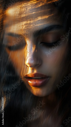 Portrait of a Woman With Artistic Light Streaks Captured at Dusk in a Natural...