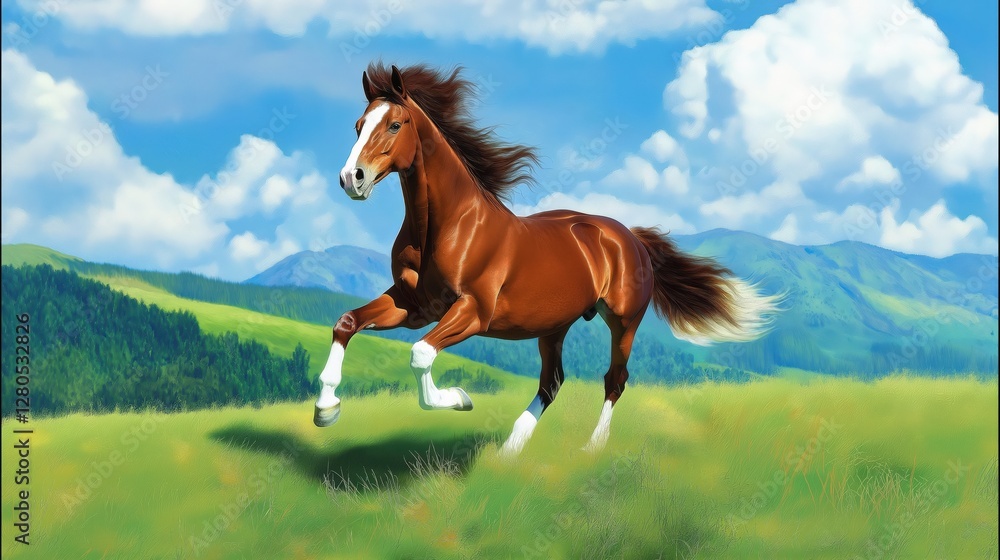 Obraz premium brown horse with white legs galloping across the grassy field