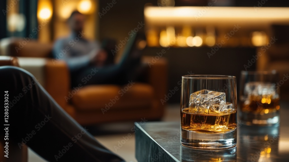 Alcohol consumption at a high-end hotel lounge with whiskey and leather seating. Featuring sophistication and relaxation Alcohol consumption at a high-end hotel lounge with whiskey and leather seating. Featuring sophistication and relaxation