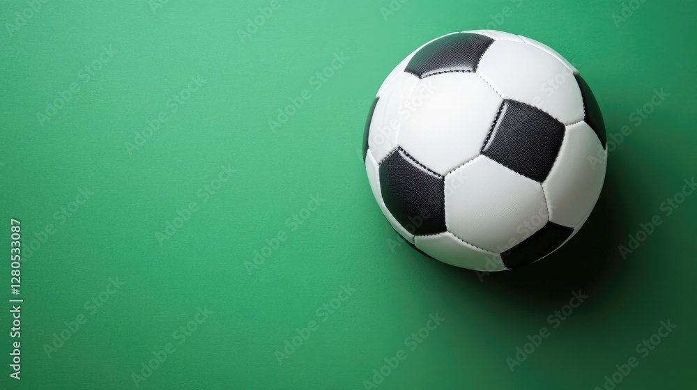 Flat lay of a classic soccer ball on a fresh green background, sharp focus, no people Flat lay of a classic soccer ball on a fresh green background, sharp focus, no people