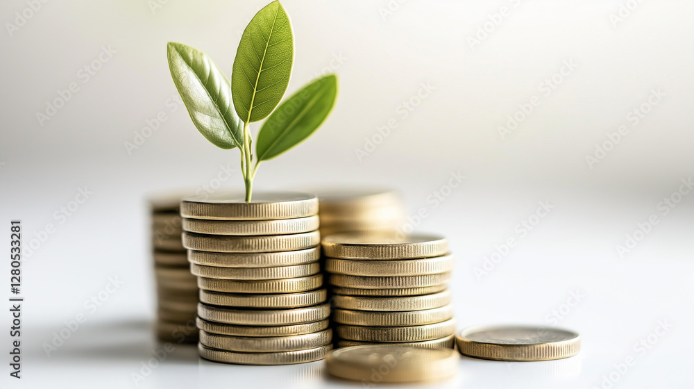 Stacks of Gold Coins with Growing Plant Sprout Stacks of Gold Coins with Growing Plant Sprout