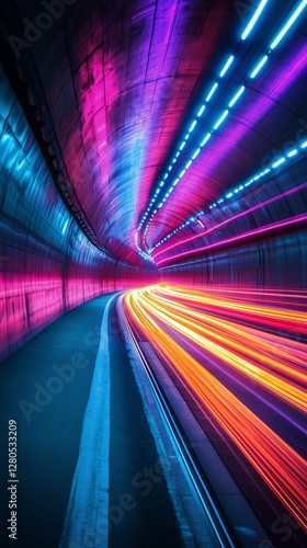 Vivid Light Trails in a Tunnel at Night Demonstrating Motion and Dynamic Energy