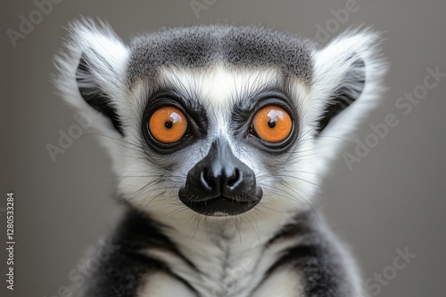 Lemur With Striking Orange Eyes Gazes Into the Camera Against a Neutral Backg...