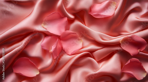 Romantic scattering of rose petals on luxurious silky fabric in a soft pink hue, perfect for a romantic setting or special occasion