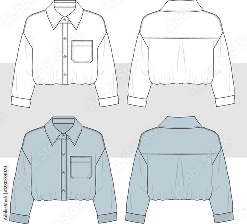 Women's long sleeved crop shirt with buttons fashion illustration, technical drawing, sketch, template, flat, mock-up. Shirt front, back view.