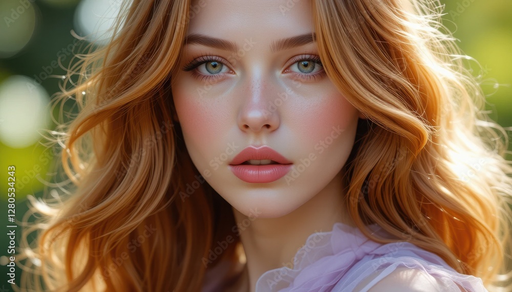 Obraz premium A captivating young woman stands amidst a lush green background, her long, wavy hair radiating warmth as sunlight illuminates her glowing complexion, creating an enchanting moment