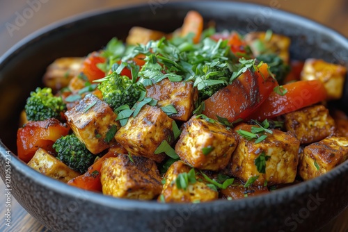 Colorful Tofu Stir Fry With Broccoli and Bell Peppers Served in a Black Bowl
