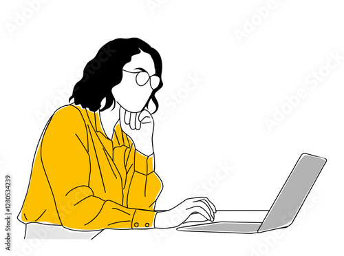 Business woman sitting at the desk, working on laptop. Lawyer, manager, accountant, consultant, entrepreneur. Simple hand drawn vector illustration isolated