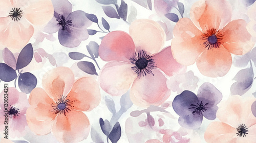 Fototapeta Naklejka Na Ścianę i Meble -  This artistic display showcases a beautiful seamless botanical watercolor pattern filled with soft pastel flowers in varying shades