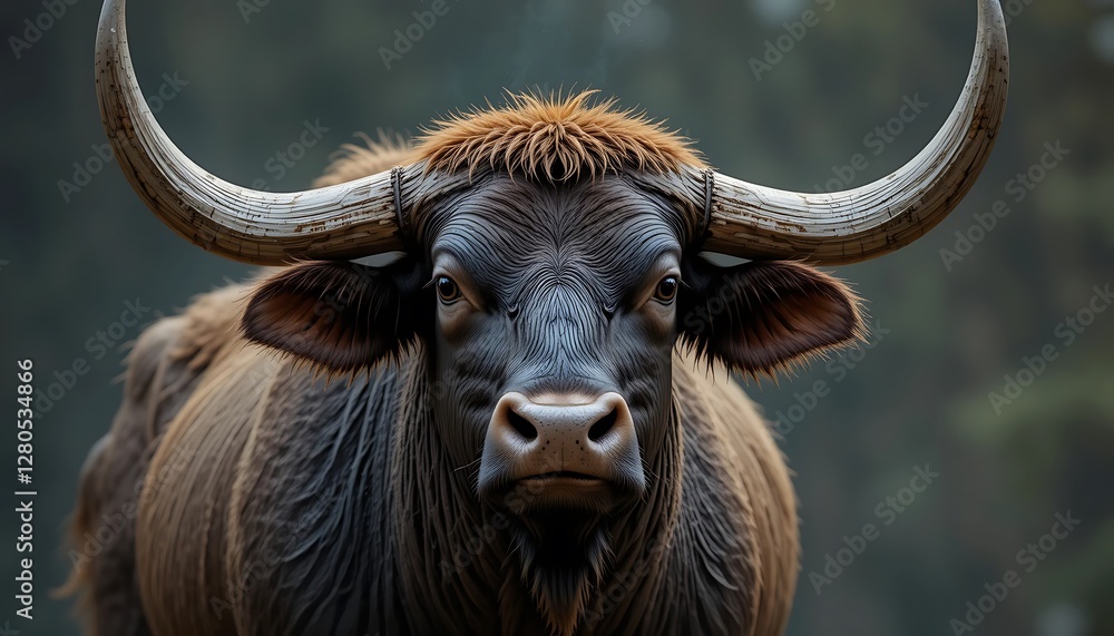 Naklejka premium Close-up of a Majestic Gaur with Impressive Horns in the Forest Generative AI
