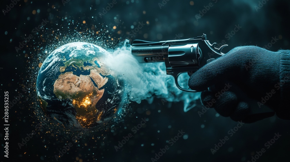 Naklejka premium A gloved human hand pulls the trigger of a revolver aimed at the Earth, with smoke rising from the barrel after the shot. Earth begins to break apart, symbolizing harmful effects of human activity.