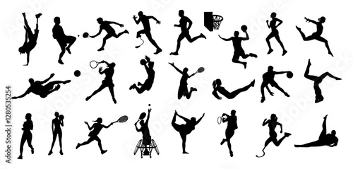Silhouettes of different men, women, disabled persons performing various sport activities. Bundle of training, exercising people, playing basketball, tennis, football, running. Vector illustrations.