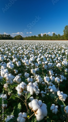 Cotton Field Under a Clear Blue Sky During Daylight Hours in a Rural Area