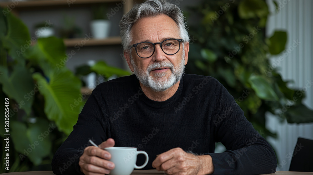 mature man with glasses enjoys cup of coffee in cozy indoor setting surrounded by lush green plants, conveying sense of relaxation and contemplation mature man with glasses enjoys cup of coffee in cozy indoor setting surrounded by lush green plants, conveying sense of relaxation and contemplation