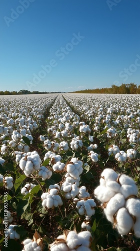 Cotton Field Under a Clear Blue Sky During Daylight Hours in a Rural Area