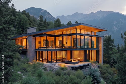 Modern Mountain House Surrounded by Nature at Twilight With Scenic Views of M...