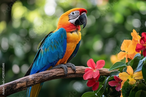Colorful Parrot Perched on Branch Surrounded by Vibrant Tropical Foliage in a...