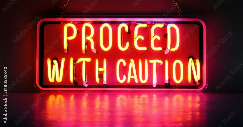 Neon proceed with caution sign with neon road signs and warning lights, creating a vibrant, colorful atmosphere that signals alertness and careful navigation ahead Neon proceed with caution sign with neon road signs and warning lights, creating a vibrant, colorful atmosphere that signals alertness and careful navigation ahead