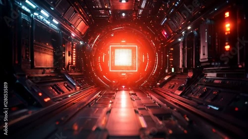 Futuristic Sci-Fi Corridor with Glowing Red Light and Metallic Walls