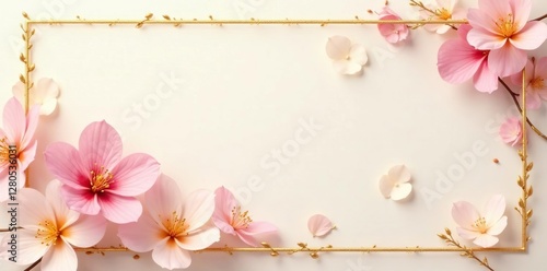 Delicate flower petals on a soft gold leaf border in a subtle ivory background, gentle, nature, ivory