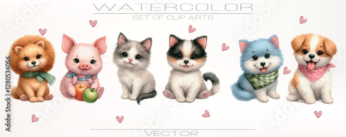 Soft watercolor illustrations of fluffy pets. Puppies, kittens, and guinea pigs.