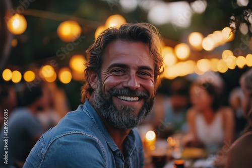 Charming Man Enjoying a Lively Outdoor Dinner Party Surrounded by Warm Lights...