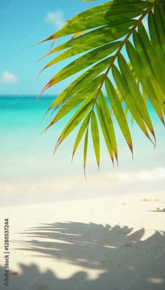 Sun-drenched sand, sharp coconut leaf shadow, blurry ocean, sun, summer Sun-drenched sand, sharp coconut leaf shadow, blurry ocean, sun, summer